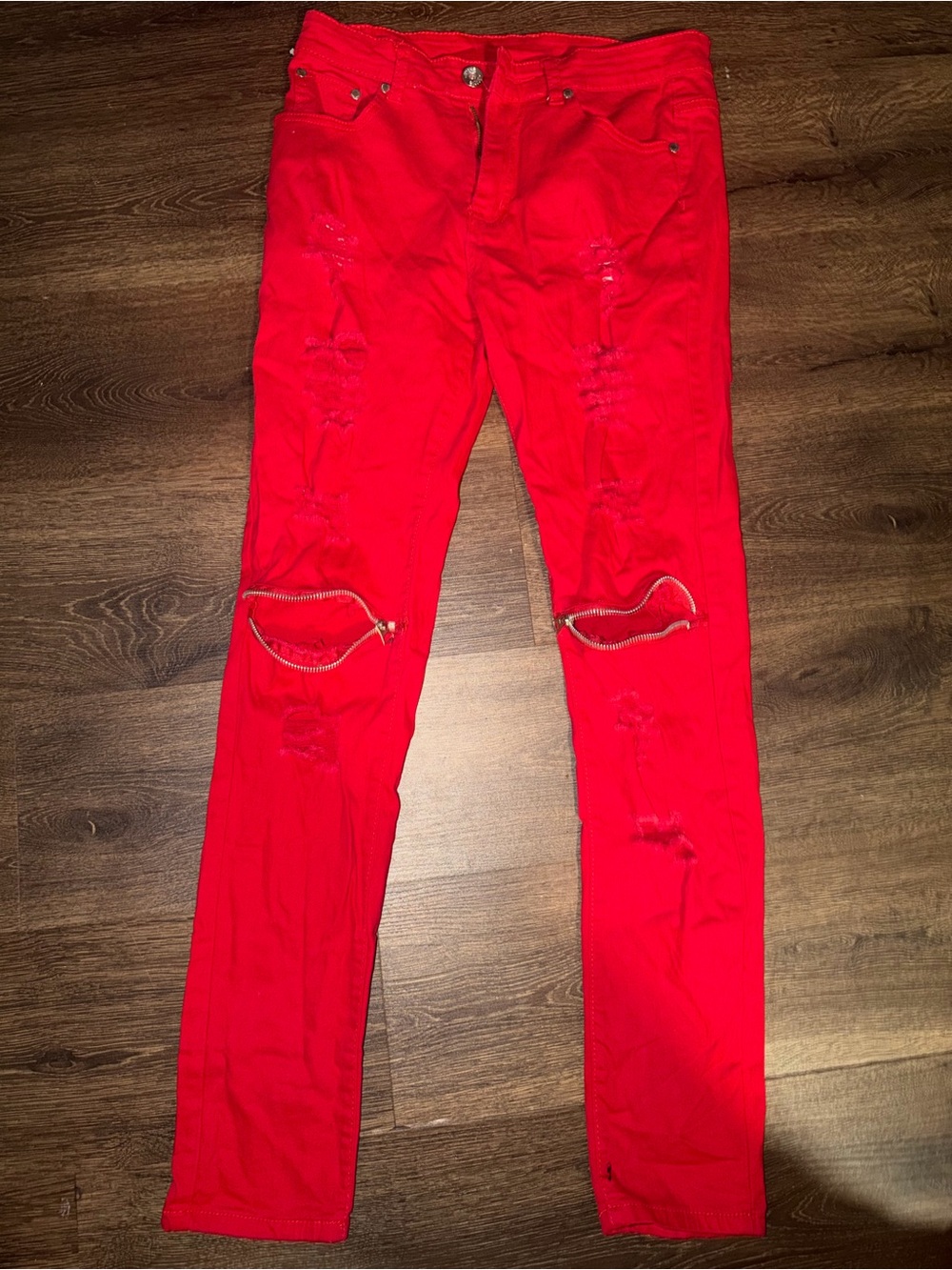 Red Distressed Skinny Jeans with Knee Zips